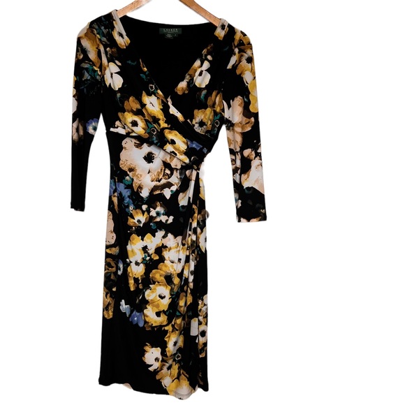 Ralph Lauren Black Yellow multi Floral Ruched Faux Wrap Dress V Neck Size 2 - Picture 6 of 17